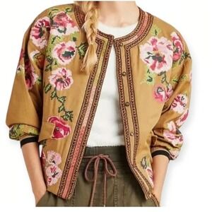 Anthropologie Floral Needlepoint Bomber Jacket Snaps Bohemian Women Sz Medium